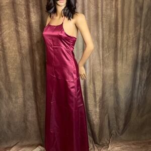 Vintage Y2K Satin Lace Up Maxi Dress Burgundy Open Back Halter Women's 10 NWT